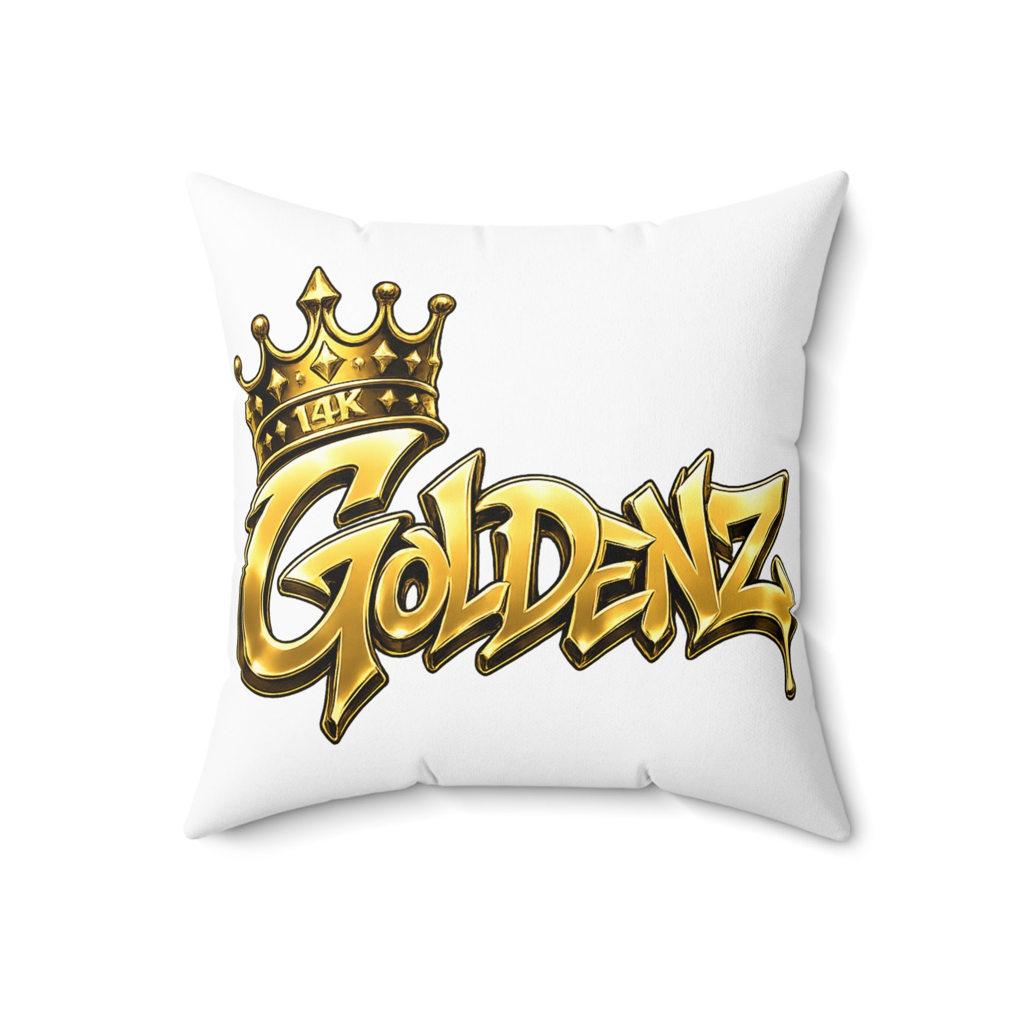 Goldenz Crown Graphic Pillow — Gold Script Decorative Throw Pillow