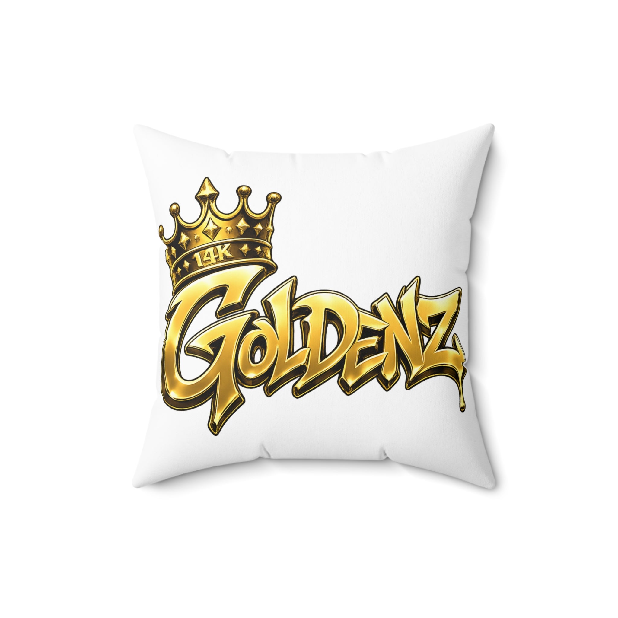 Goldenz Crown Graphic Pillow — Gold Script Decorative Throw Pillow