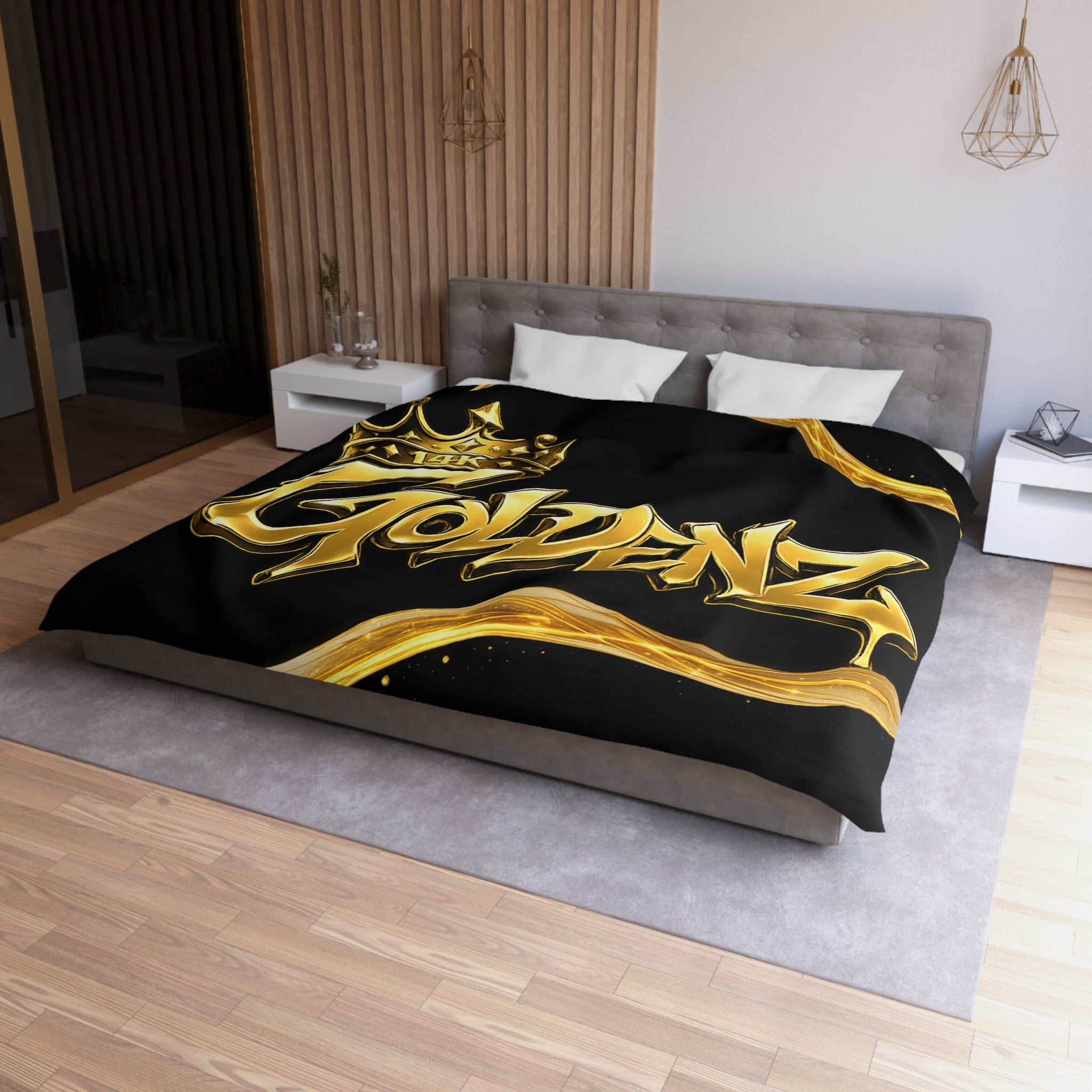 Goldenz Crown Duvet Cover — Black & Metallic Gold Microfiber Bedding
