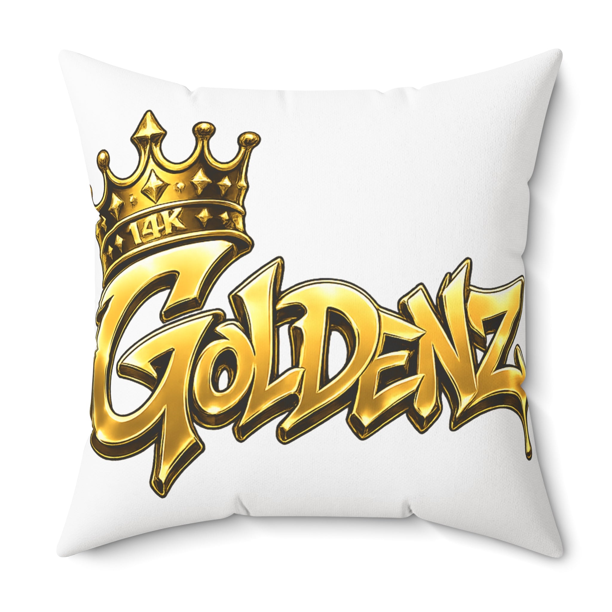 Goldenz Crown Graphic Pillow — Gold Script Decorative Throw Pillow