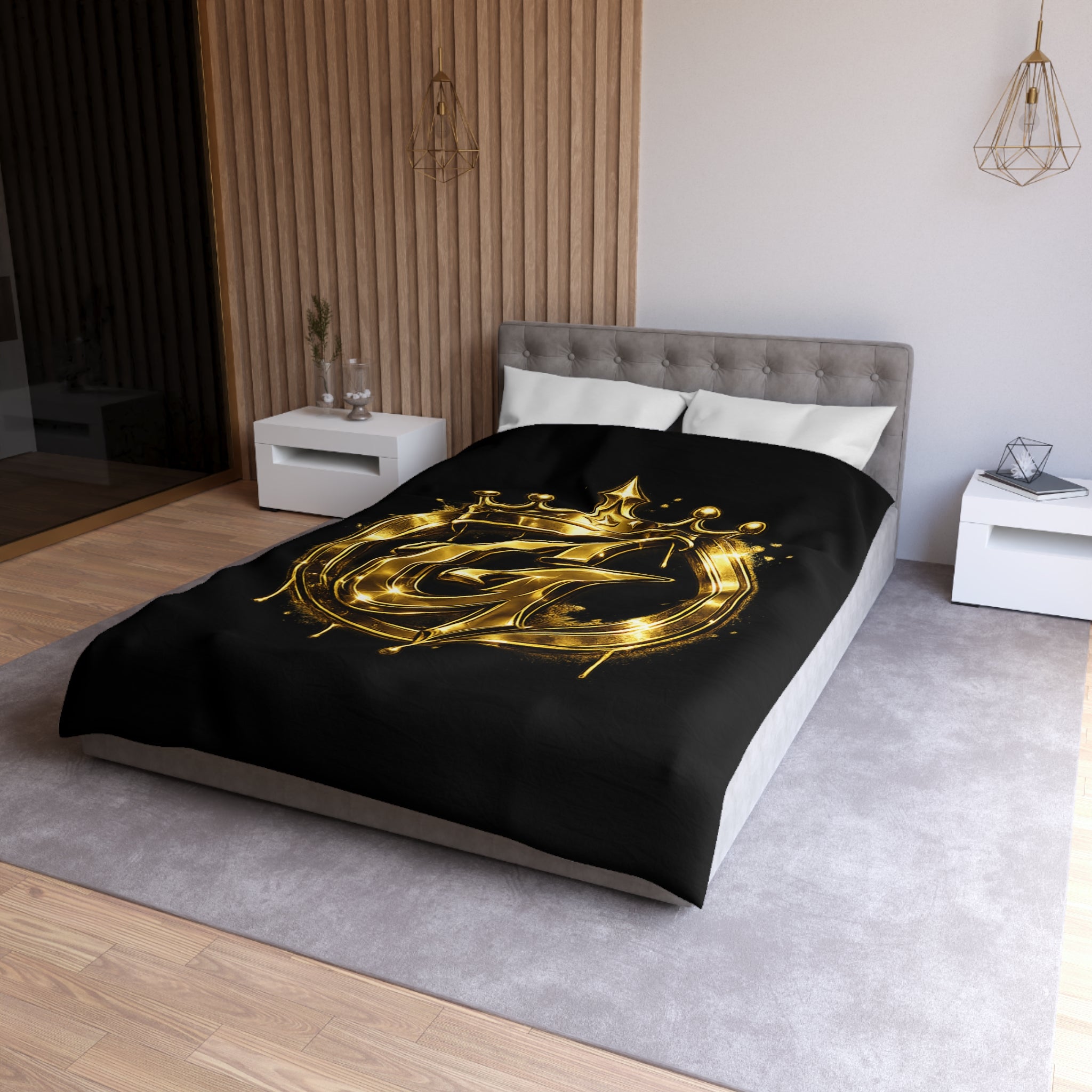 Goldenz Crown Duvet Cover — Black & Metallic Gold Microfiber Bedding