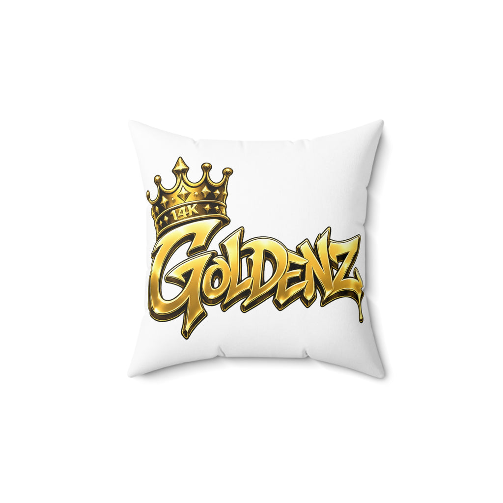 Goldenz Crown Graphic Pillow — Gold Script Decorative Throw Pillow