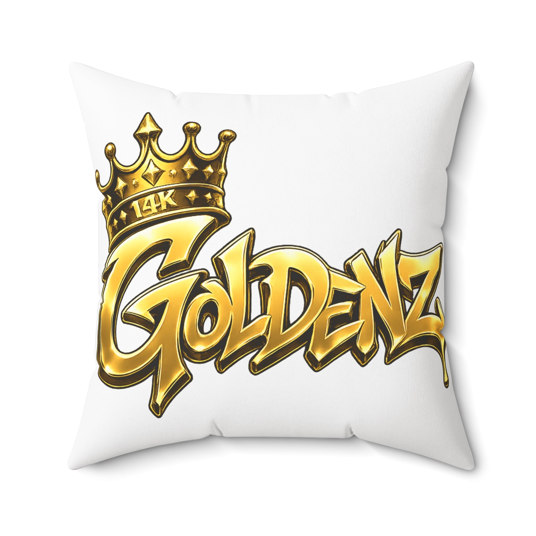 Goldenz Crown Graphic Pillow — Gold Script Decorative Throw Pillow