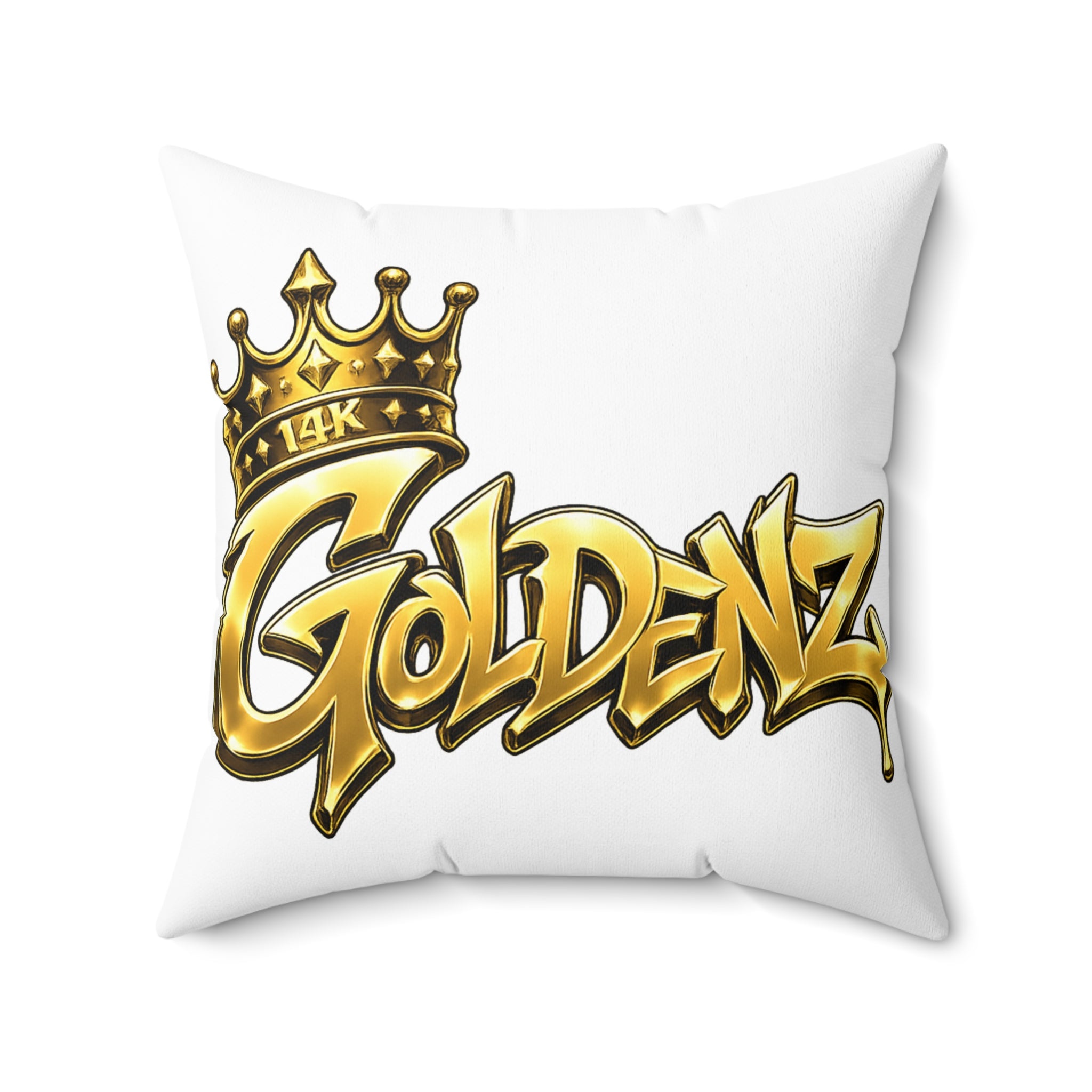 Goldenz Crown Graphic Pillow — Gold Script Decorative Throw Pillow