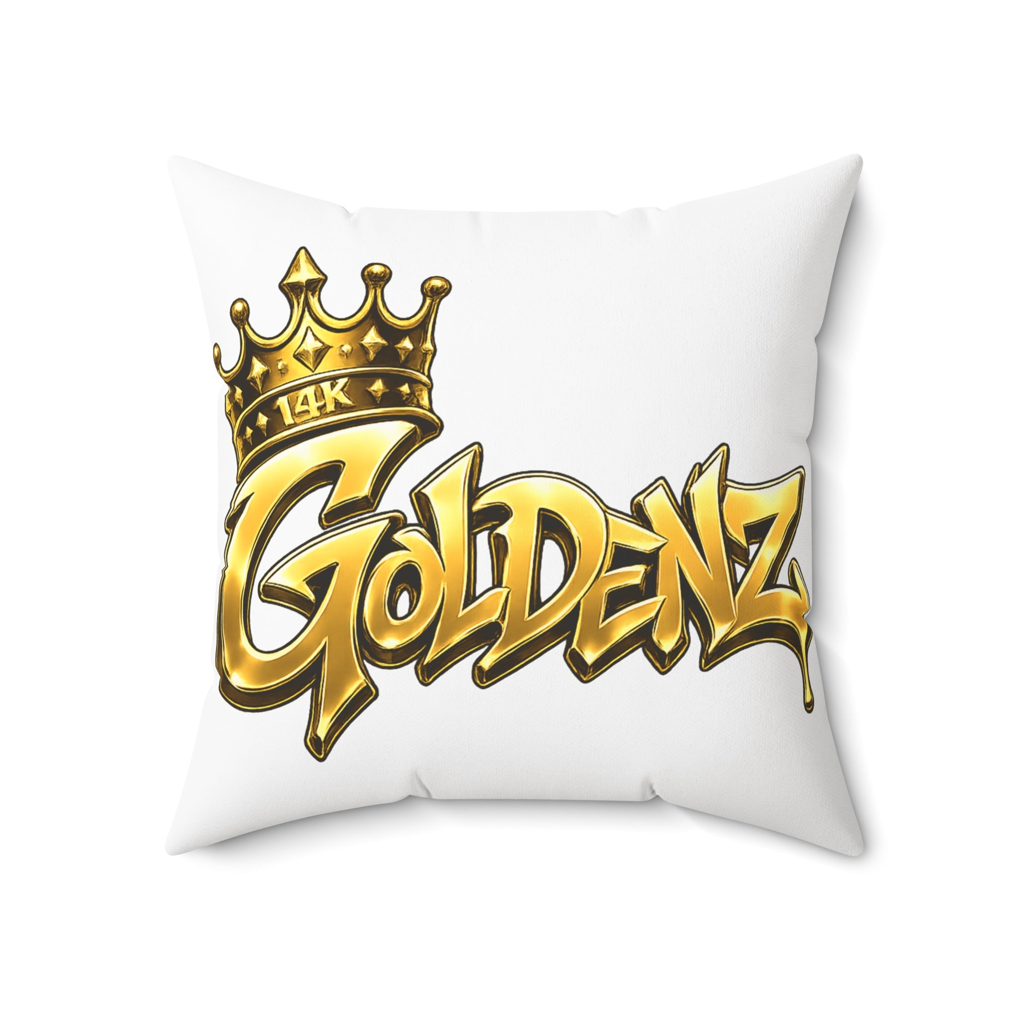Goldenz Crown Graphic Pillow — Gold Script Decorative Throw Pillow